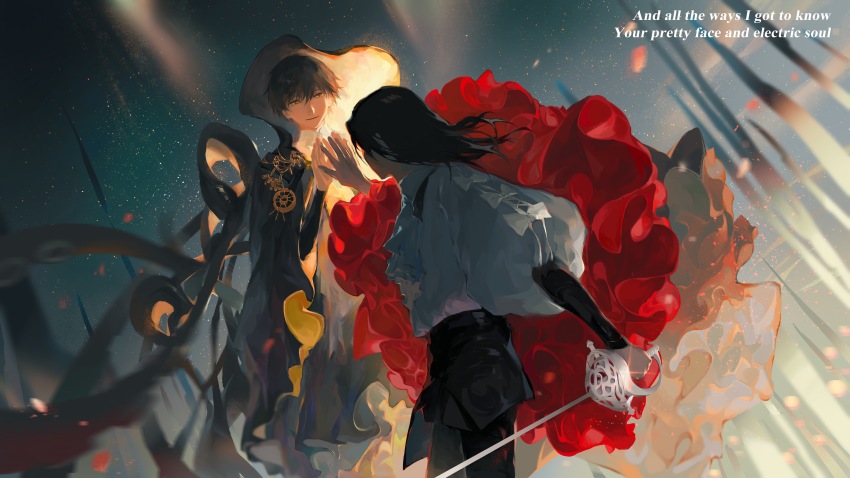 2boys, absurdres, black_hair, brown_eyes, chinese_commentary, cloak, commentary, commentary_request