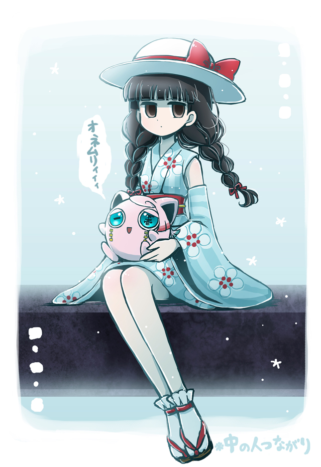 1girl, animalization, aqua_eyes, black_hair, blue_kimono, blunt_bangs, bow, braid