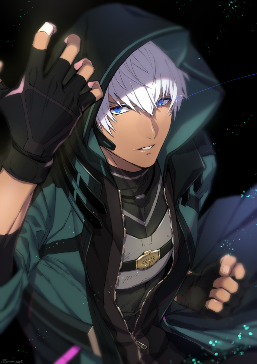 1boy, absurdres, armor, black_background, black_gloves, blue_eyes, clenched_hand, dark-skinned_male, dark_skin, eye_trail, fingerless_gloves, gloves, green_jacket, hair_between_eyes, headset, helios_rising_heroes, highres, hood, hood_up, hooded_jacket, jacket, light_trail, looking_at_viewer, male_focus, oscar_bale, parted_lips, simple_background, solo, sonomi, twitter_username, white_hair
