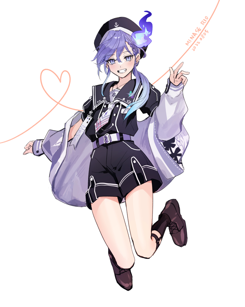 1boy, anchor_symbol, belt, belt_buckle, black_hat, black_shirt, black_shorts, black_socks