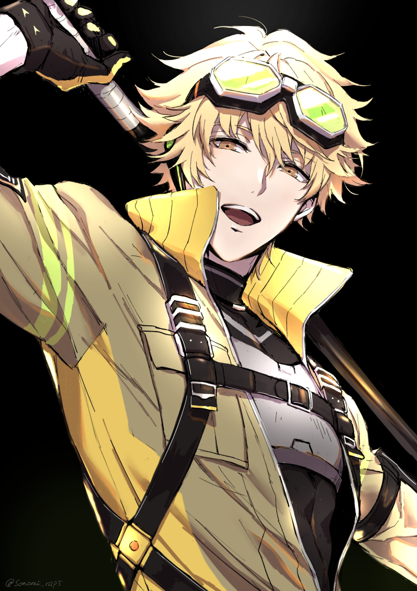 1boy, absurdres, arm_up, armor, black_background, brown_eyes, gloves, goggles, goggles_on_head, hair_between_eyes, helios_rising_heroes, high_collar, highres, holding, looking_at_viewer, male_focus, open_mouth, simple_background, solo, sonomi, teeth, twitter_username, underwear, upper_teeth_only, will_sprout