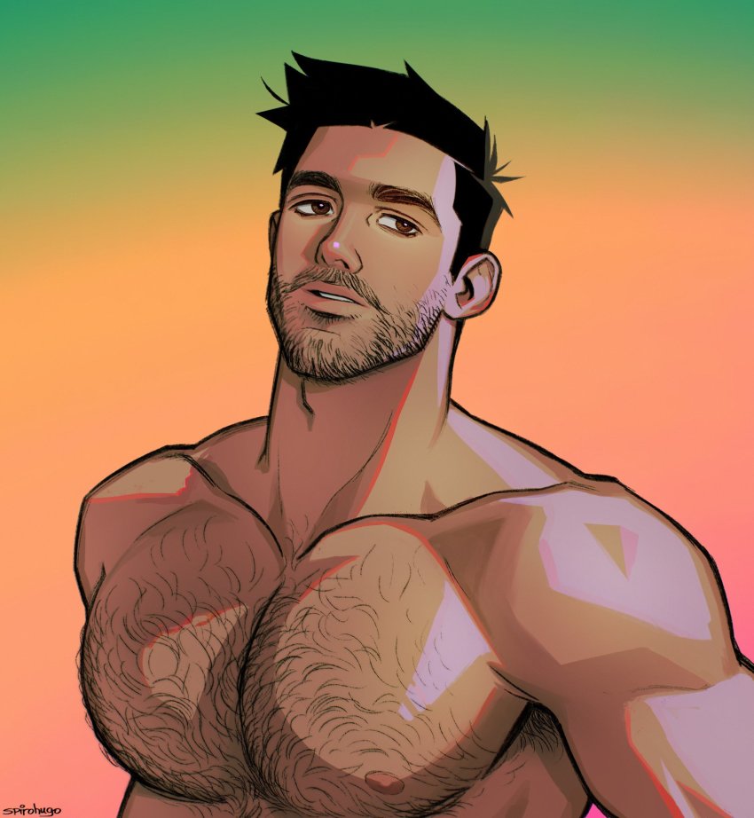 1boy, armpit_hair, bara, black_hair, brown_eyes, chest_hair, facial_hair, gradient_background