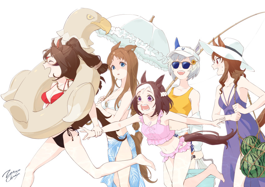 5girls, ^_^, absurdres, alternate_costume, alternate_hairstyle, animal_ears, artist_name, bandeau