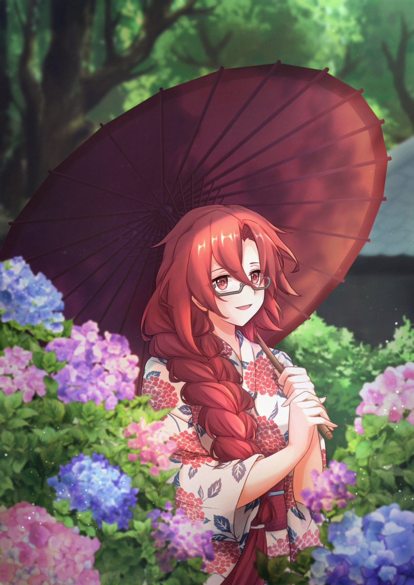1girl, absurdres, alternate_costume, alternate_hairstyle, altheavin, black-framed_eyewear, braid, commentary_request, flower, forest, glasses, hair_over_one_eye, highres, holding, holding_umbrella, japanese_clothes, kimono, labyrista_(princess_connect!), labyrista_(real)_(princess_connect!), long_braid, long_hair, looking_at_viewer, nature, oil-paper_umbrella, princess_connect!, print_kimono, red_eyes, red_hair, semi-rimless_eyewear, single_braid, smile, solo, umbrella, under-rim_eyewear, very_long_hair