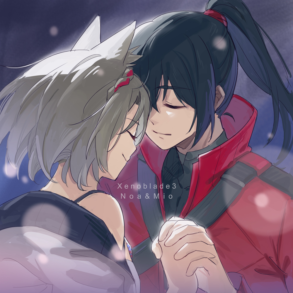 1boy, 1girl, animal_ears, black_hair, black_shirt, cat_ears, character_name, closed_mouth