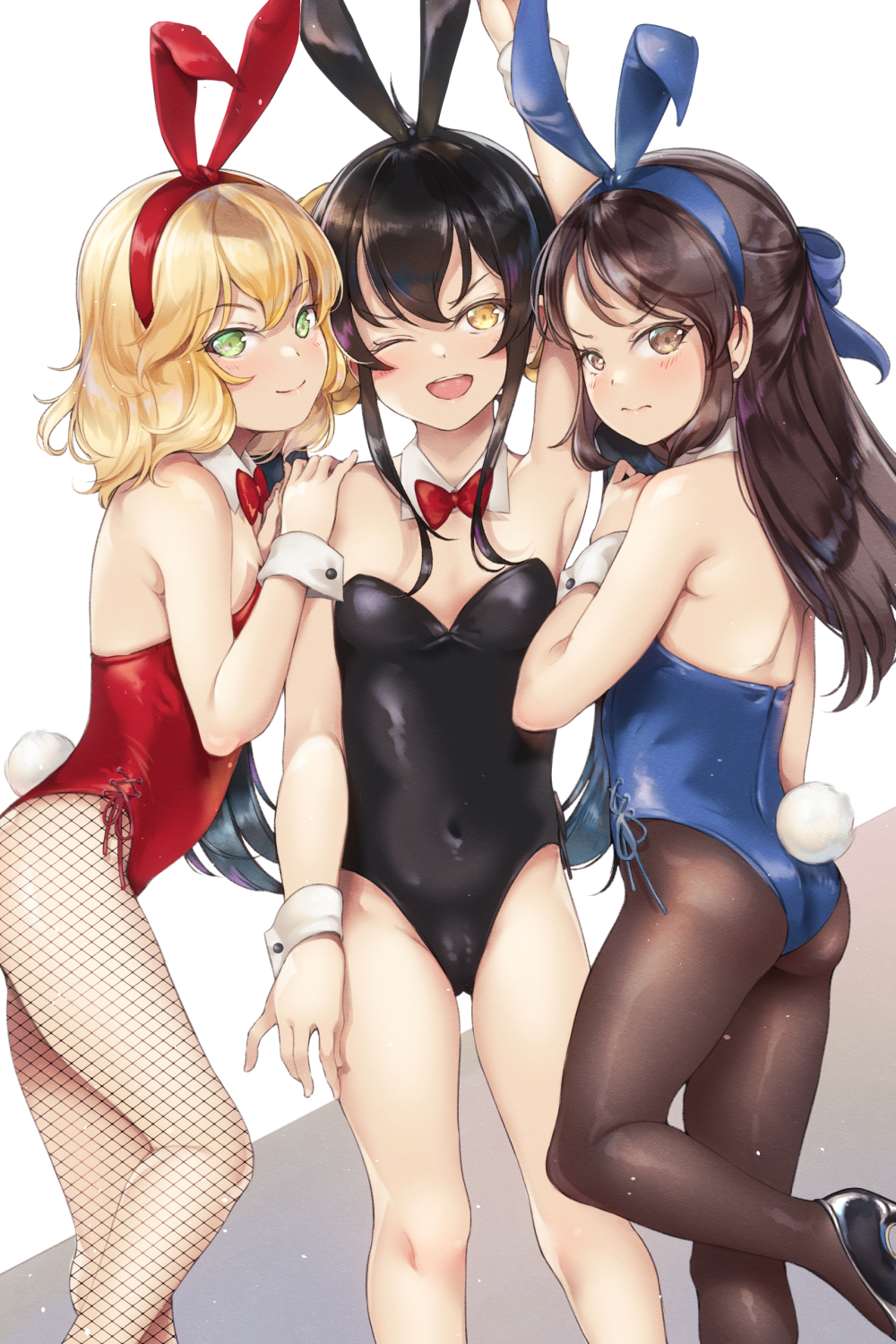 3girls, ;d, animal_ears, arm_up, bare_shoulders, black_hair, black_leotard, black_pantyhose, blonde_hair, blue_leotard, blush, bow, bowtie, colored_eyelashes, covered_navel, detached_collar, fake_animal_ears, fishnet_pantyhose, fishnets, flat_chest, frown, hand_on_another's_shoulder, highres, idolmaster, idolmaster_cinderella_girls, leotard, looking_at_viewer, looking_back, looking_to_the_side, maremay0513, matoba_risa, multiple_girls, one_eye_closed, open_mouth, pantyhose, playboy_bunny, rabbit_ears, rabbit_tail, red_bow, red_bowtie, red_leotard, sakurai_momoka, simple_background, smile, standing, standing_on_one_leg, tachibana_arisu, tail, wrist_cuffs