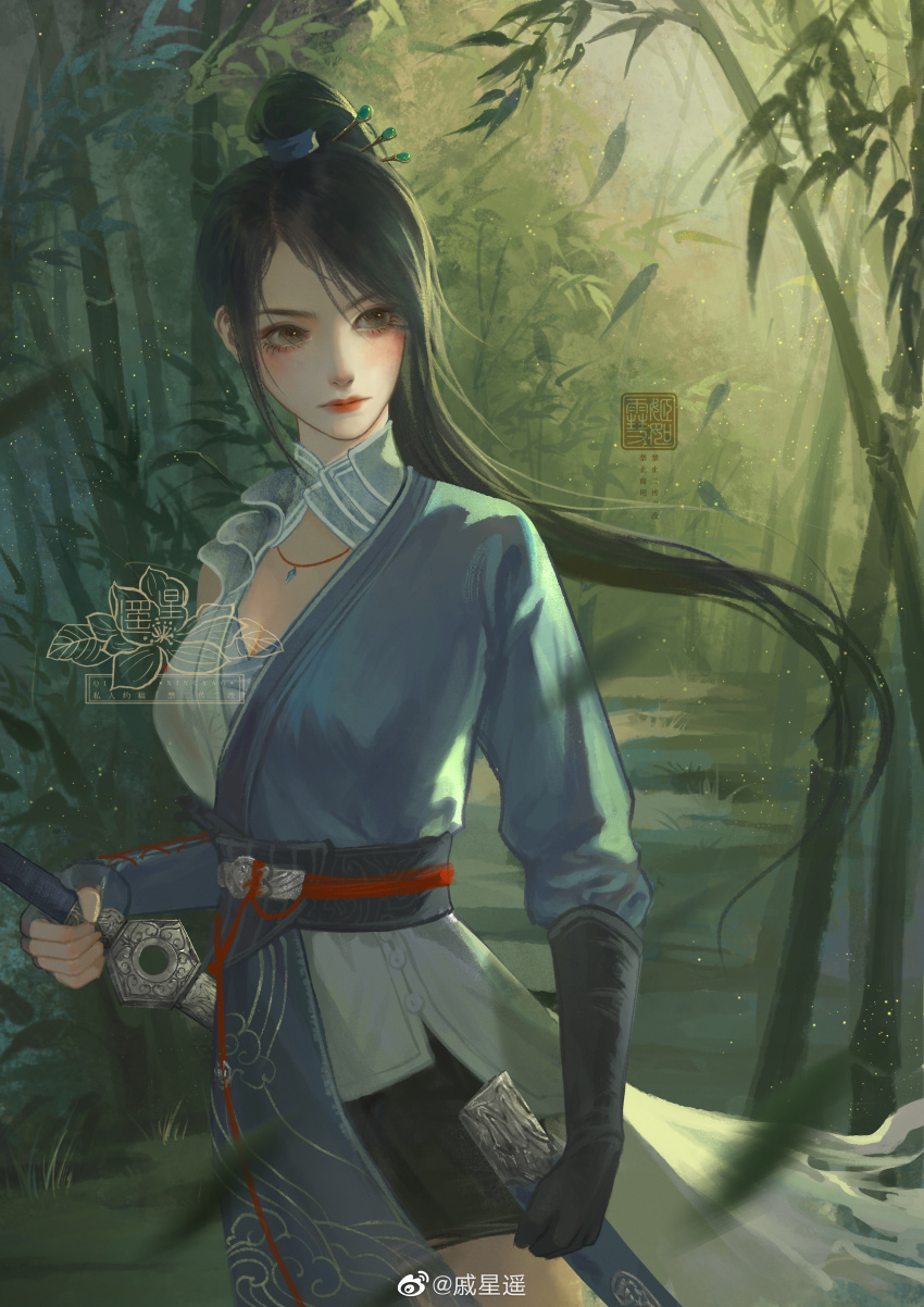 1girl, absurdres, asymmetrical_sleeves, bamboo, bamboo_forest, blush, clenched_hand, closed_mouth