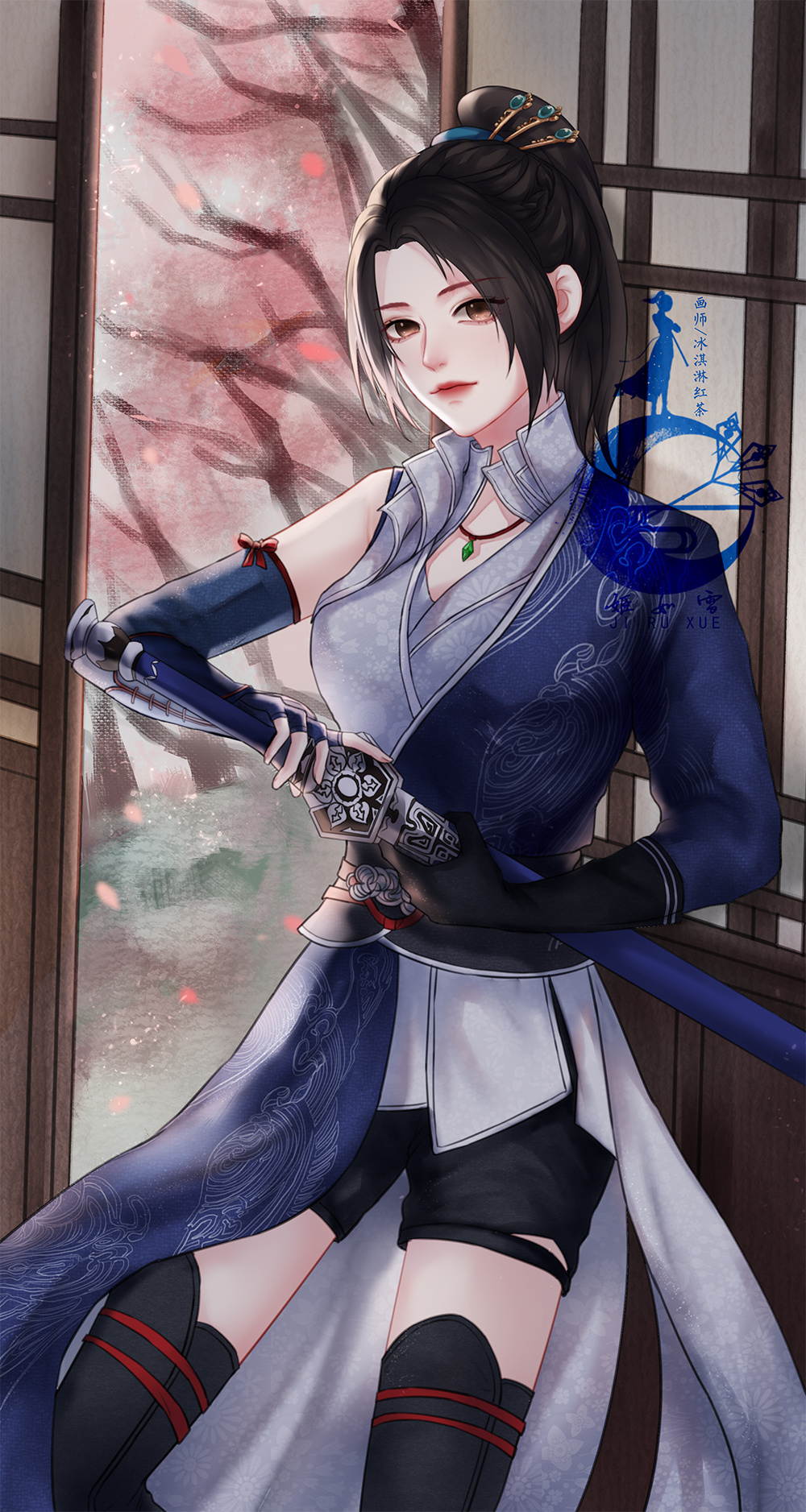 1girl, asymmetrical_dress, asymmetrical_sleeves, bingqiling_hongcha, brown_hair, collared_dress, dress, falling_petals