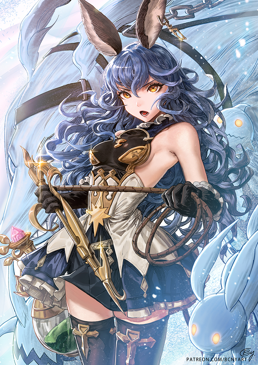 1girl, animal_ears, b.c.n.y., bare_shoulders, beppo_(granblue_fantasy), black_gloves, black_thighhighs, blue_hair