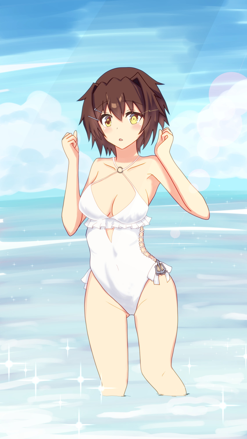1girl, absurdres, blue_sky, breasts, brown_eyes, brown_hair, casual_one-piece_swimsuit, cloud, cosplay, covered_navel, criss-cross_halter, day, frilled_one-piece_swimsuit, frilled_swimsuit, frills, furutaka_(kancolle), glowing, glowing_eye, hair_ornament, hairclip, halterneck, heterochromia, highleg, highleg_one-piece_swimsuit, highres, kantai_collection, medium_breasts, one-piece_swimsuit, outdoors, sagiri_(kancolle), sagiri_(kancolle)_(cosplay), sagiri_(swimsuit)_(kancolle), short_hair, side-tie_swimsuit, sky, solo, standing, swimsuit, wading, white_one-piece_swimsuit, y_ko-nu_t, yellow_eyes