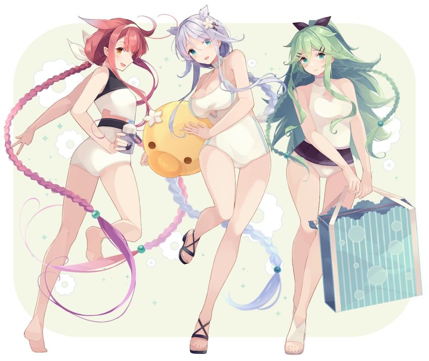 3girls, aqua_eyes, bare_arms, bare_legs, bare_shoulders, barefoot, black_ribbon, blue_eyes