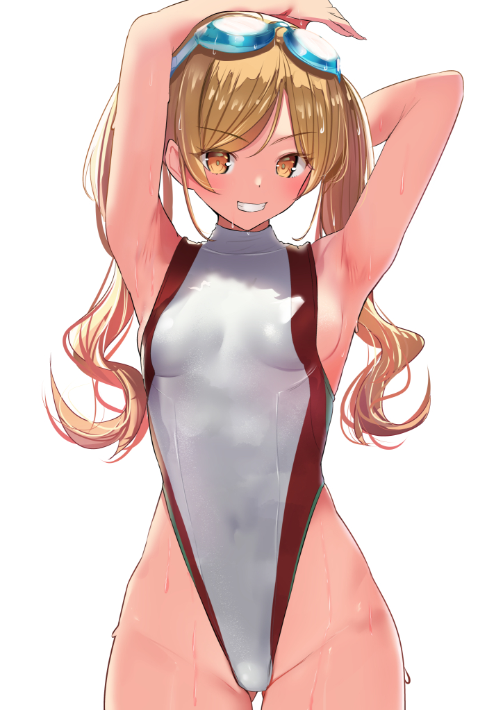 1girl, alternate_costume, armpits, arms_behind_head, arms_up, azur_lane, blonde_hair, competition_swimsuit