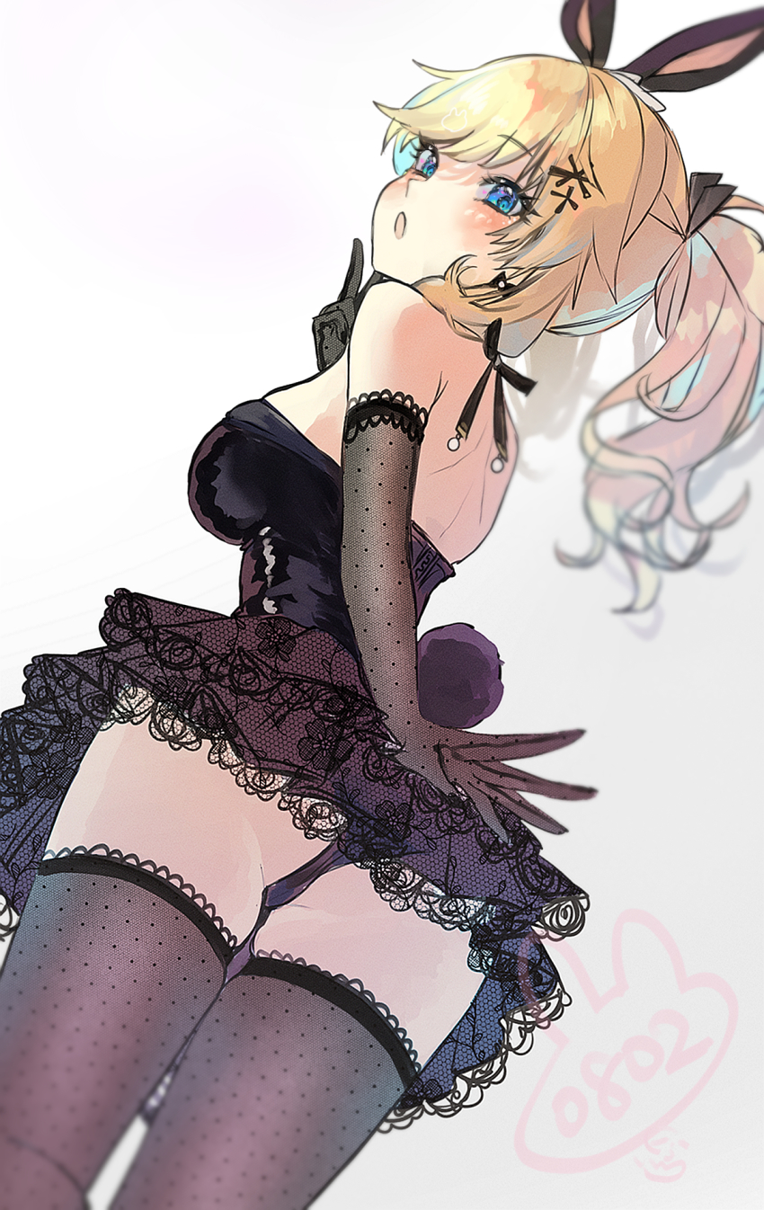 1girl, :o, animal_ears, ass, black_dress, black_gloves, black_panties, black_thighhighs