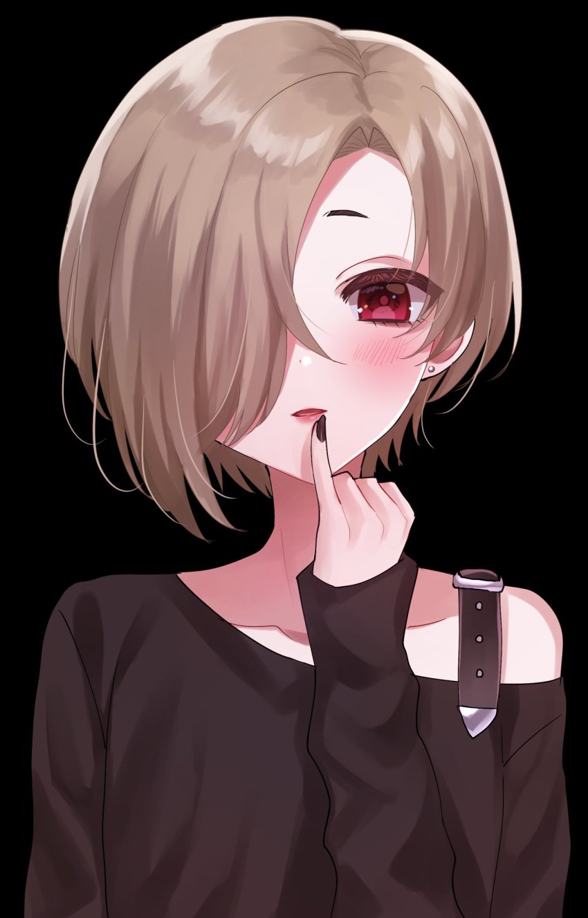 1girl, black_background, black_shirt, blonde_hair, blush, collarbone, earrings, finger_to_mouth, hair_over_one_eye, highres, idolmaster, idolmaster_cinderella_girls, jewelry, looking_at_viewer, nail_polish, one_eye_covered, pinky_out, red_eyes, sahara_tsugumi, shirasaka_koume, shirt, simple_background, single_bare_shoulder, solo, stud_earrings, upper_body