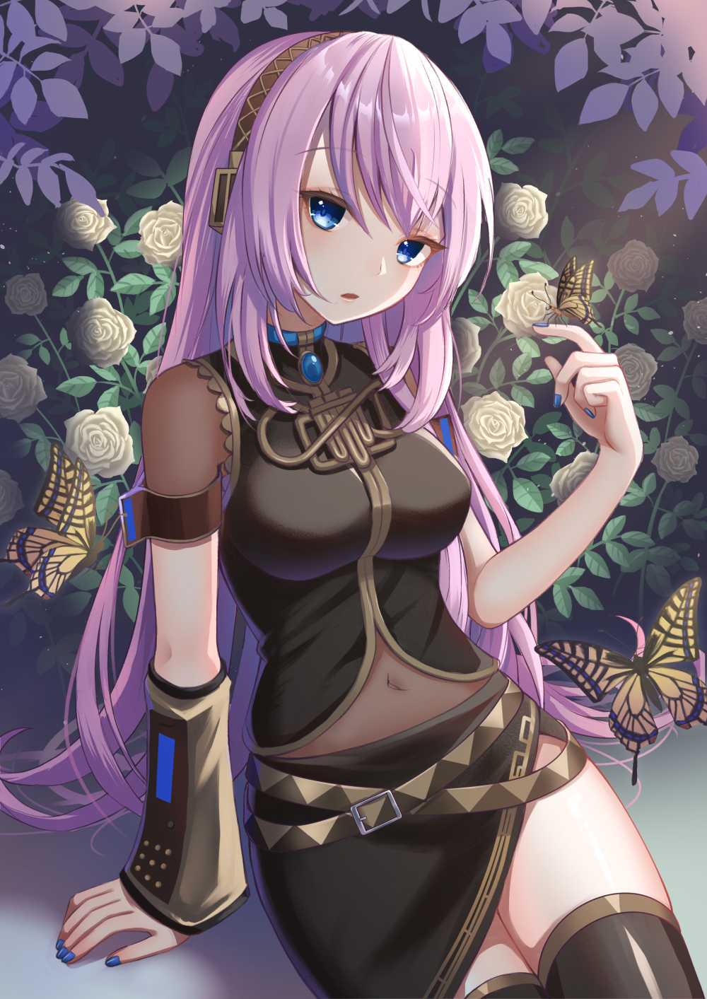 1girl, aroeruji3, black_thighhighs, blue_eyes, breasts, bug, butterfly, butterfly_on_hand