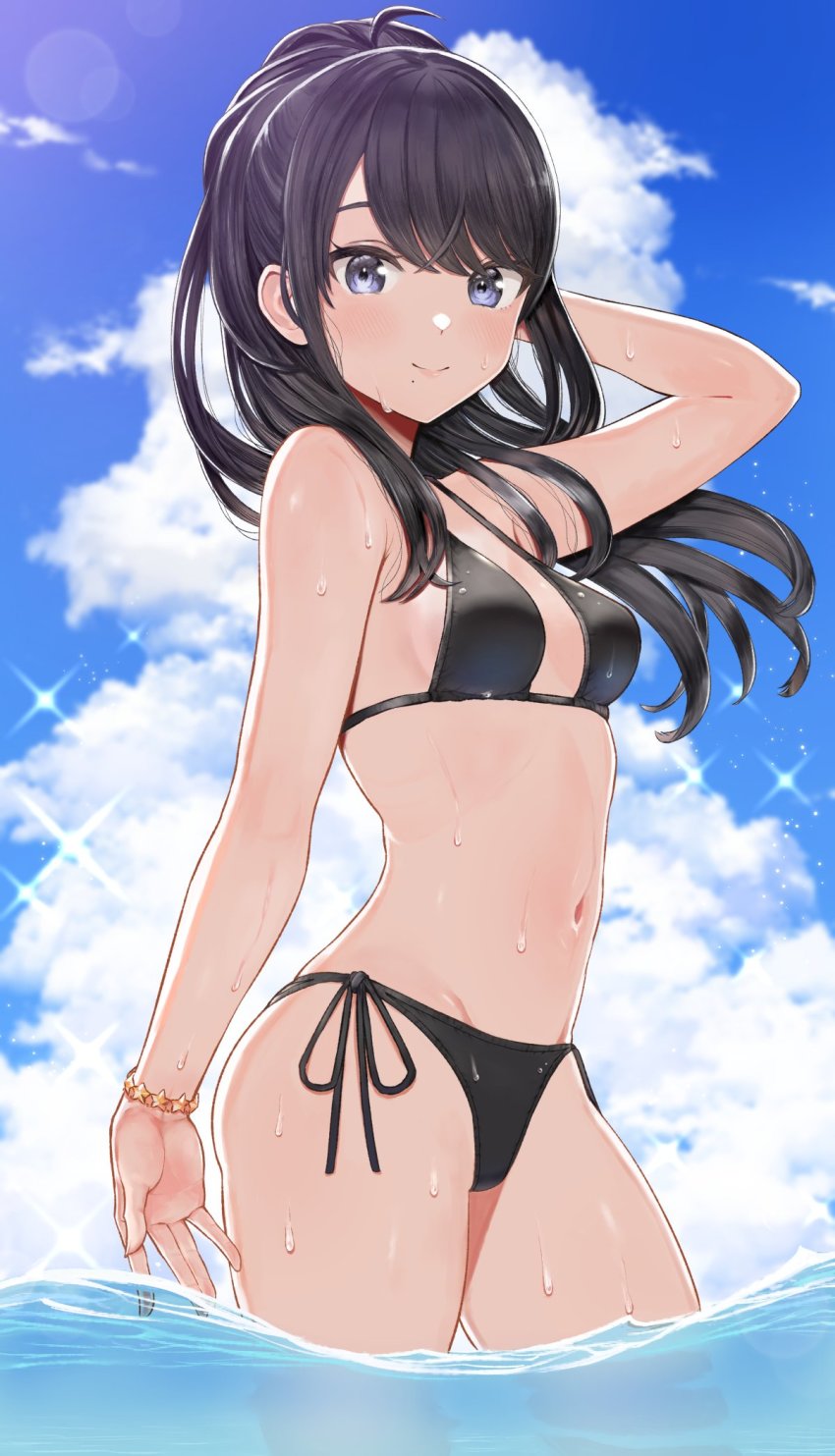 1girl, arm_behind_head, bikini, black_bikini, black_hair, blue_eyes, blue_sky, blush