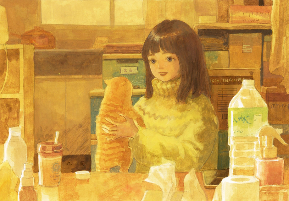 1girl, :d, animal, artist_name, black_hair, bottle, box, cat