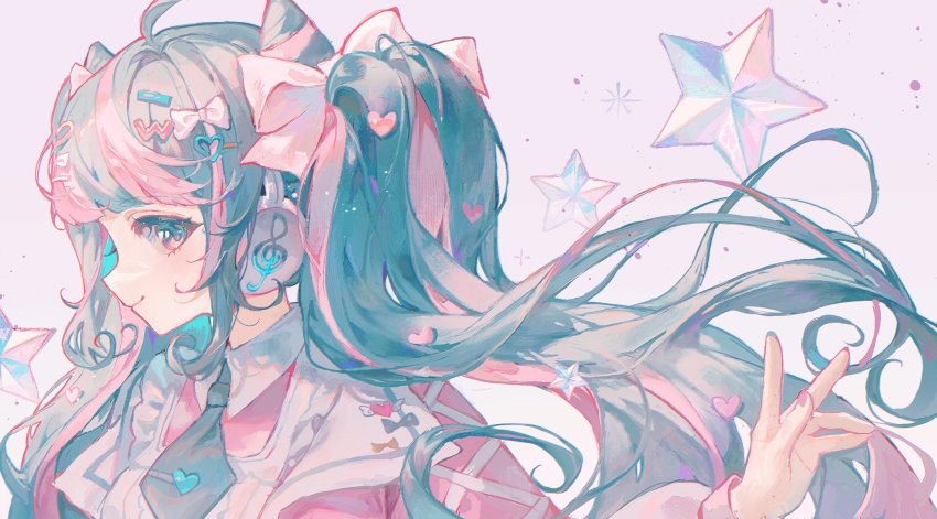 1girl, apron, aqua_eyes, aqua_hair, aqua_necktie, arm_ribbon, bow, closed_mouth