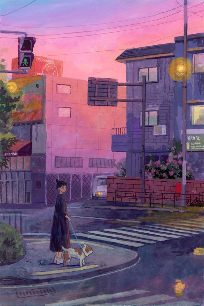 1girl, black_hair, black_skirt, building, bush, car, crosswalk, dog