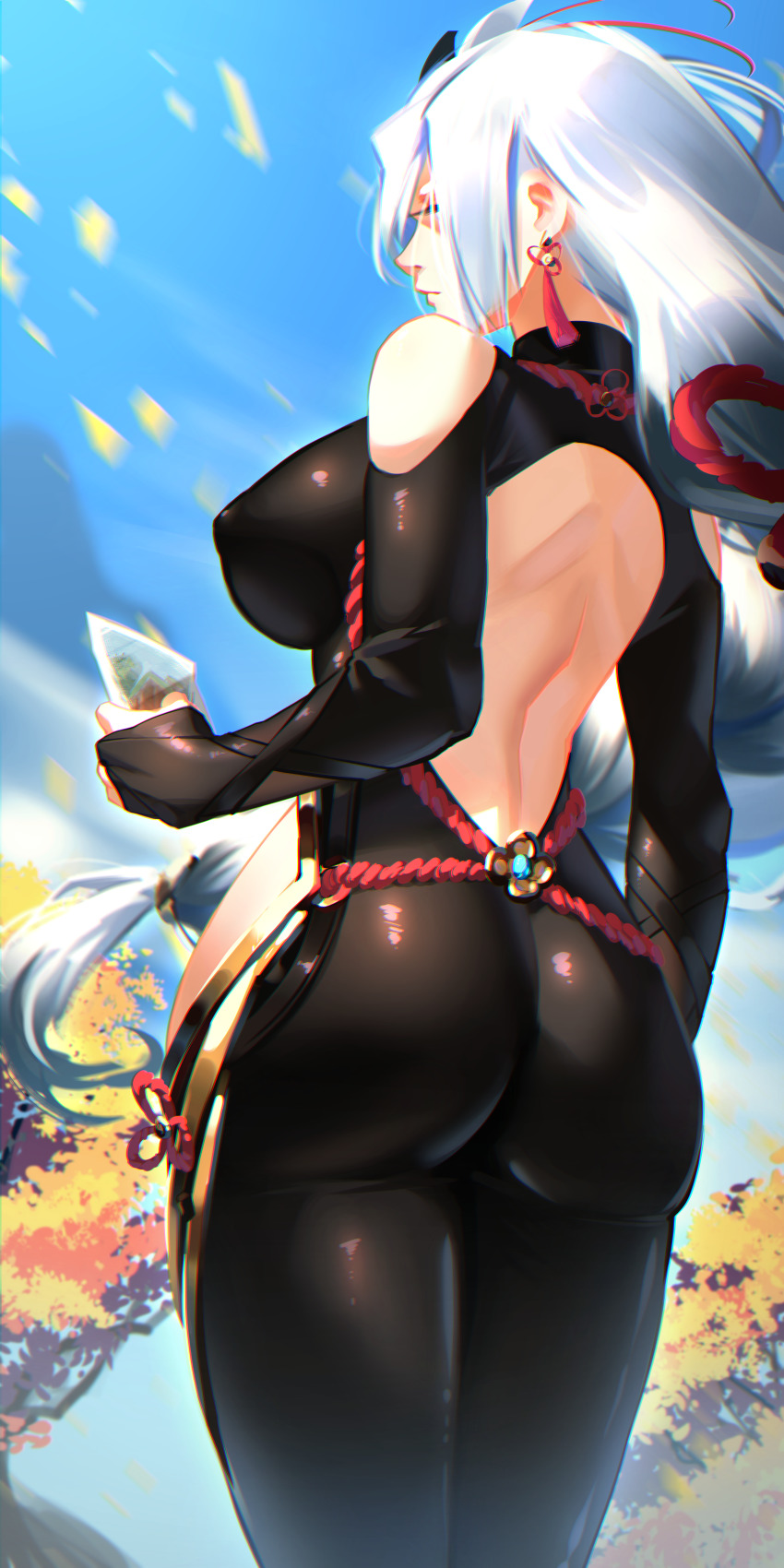 1girl, absurdres, ass, ass_focus, bare_shoulders, bodysuit, braid, breasts, bridal_gauntlets, clothing_cutout, earrings, from_behind, genshin_impact, hair_ornament, highres, hip_vent, huge_ass, jewelry, large_breasts, long_hair, looking_away, low-braided_long_hair, low-tied_long_hair, low_ponytail, photo_(object), ponytail, shenhe_(genshin_impact), shiny_clothes, shiny_skin, sideboob, skin_tight, solo, thighs, very_long_hair, white_hair, zaekyn