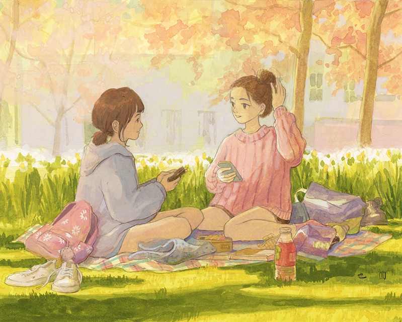 2girls, backpack, bag, bento, bottle, brown_hair, cherry_blossoms, day, eye_contact, grass, grey_hoodie, hair_bun, hand_up, holding, holding_phone, hood, hood_down, hoodie, looking_at_another, medium_hair, multiple_girls, original, outdoors, phone, picnic, pink_socks, pink_sweater, shoes, sitting, slice_of_life, socks, spring_(season), sweater, tree, unworn_backpack, unworn_bag, unworn_shoes, white_footwear, yeyuan33
