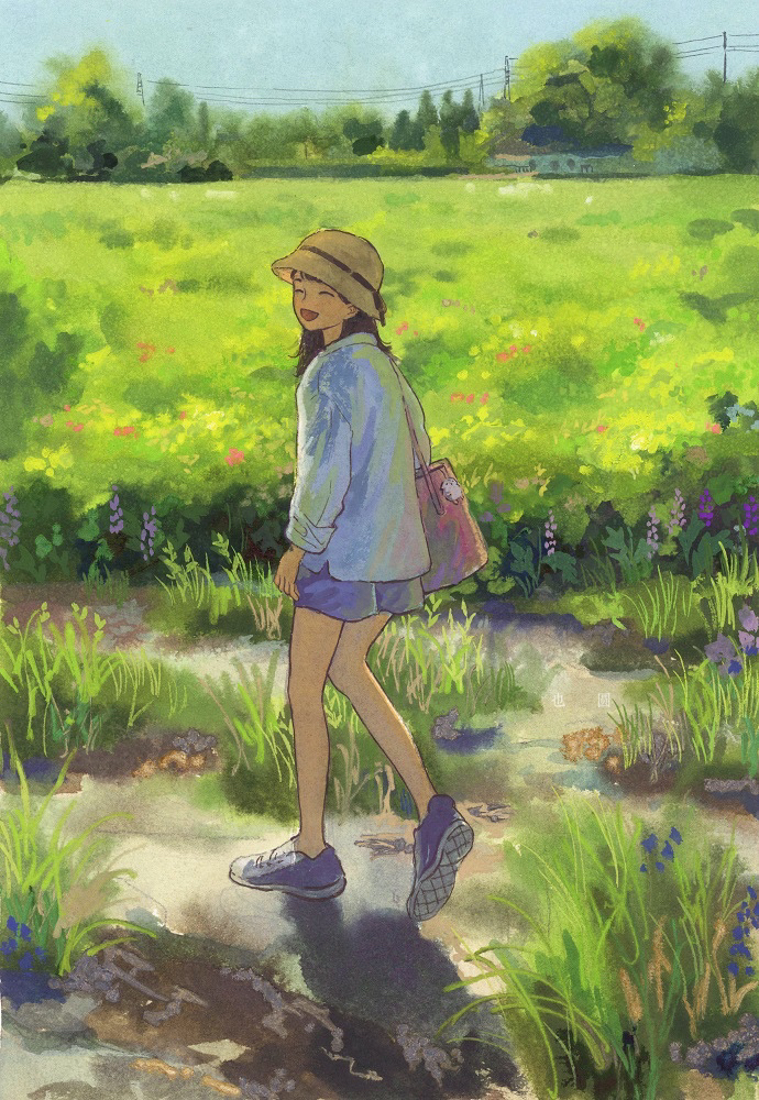 1girl, bag, bag_charm, brown_hat, charm_(object), full_body, handbag, hat