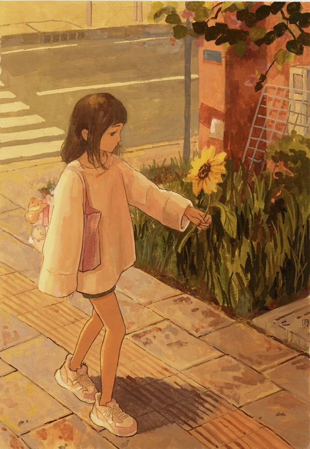 1girl, bag, brown_eyes, brown_hair, crosswalk, flower, grass, holding, holding_flower, long_sleeves, original, outdoors, shadow, shirt, shoes, shopping_bag, shorts, sidewalk, sneakers, white_shirt, white_shoes, yeyuan33