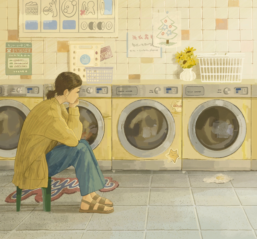 1girl, blue_pants, brown_hair, flower, indoors, jacket, laundromat, medium_hair