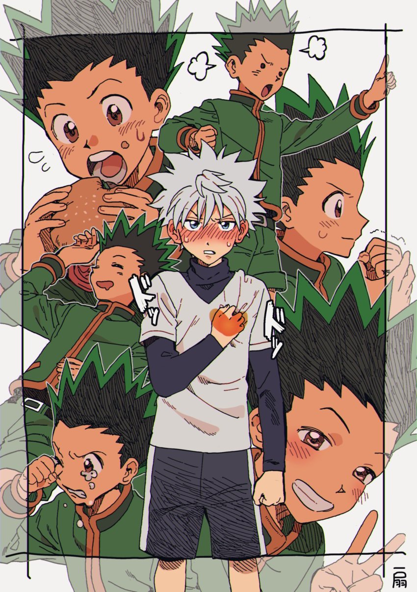 2boys, black_hair, blue_eyes, blush, child, commentary_request, full-face_blush, gon_freecss, heart, highres, holding, hunter_x_hunter, killua_zoldyck, long_sleeves, looking_at_viewer, male_focus, multiple_boys, oishi_gohan11_2, open_mouth, shirt, short_hair, shorts, simple_background, smile, spiked_hair, t-shirt, turtleneck, v, white_hair, white_shirt