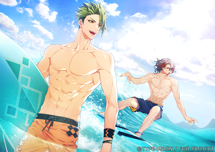 2boys, :d, abs, achilles_(fate), achilles_(fearless_diver)_(fate), anklet, artist_name, barefoot, blue_male_swimwear, blue_swim_trunks, bracelet, cloud, copyright_notice, cowboy_shot, day, drawstring, fate/grand_order, fate_(series), full_body, green_hair, grey_hair, hair_between_eyes, hair_over_one_eye, holding, holding_surfboard, jewelry, looking_to_the_side, male_focus, male_swimwear, multicolored_hair, multiple_boys, ocean, odysseus_(fate), odysseus_(innocent_blue)_(fate), official_art, open_mouth, orange_male_swimwear, orange_swim_trunks, red_hair, short_hair, smile, streaked_hair, surfboard, surfing, swim_trunks, swimsuit, teeth, toned, toned_male, topless_male, undercut, upper_teeth_only, wading, wet, wristband, y_at_(yuuya), yellow_eyes
