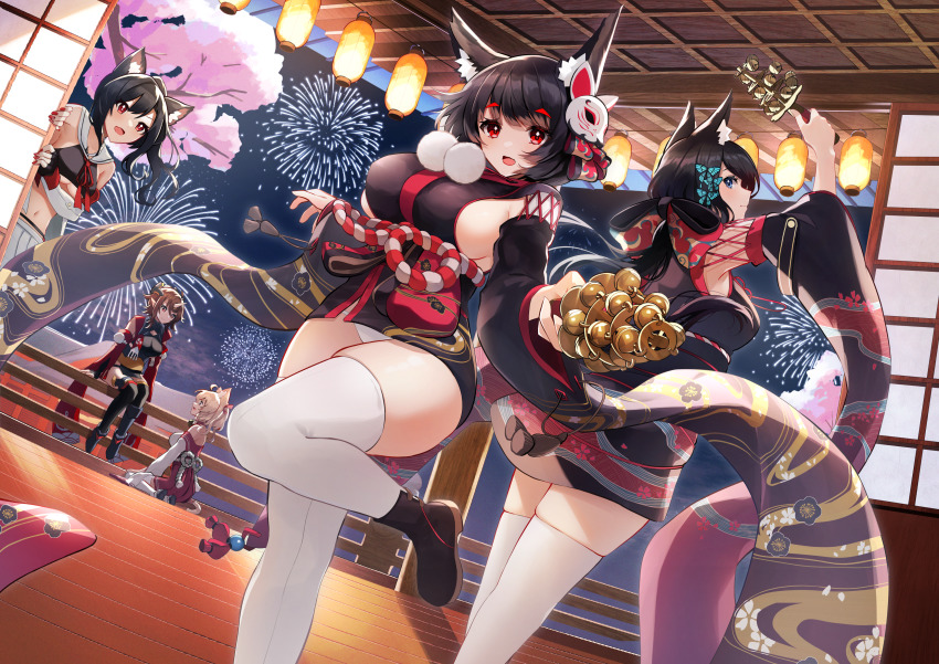 5girls, absurdres, animal_ear_fluff, animal_ears, azur_lane, bell, black_hair, black_kimono