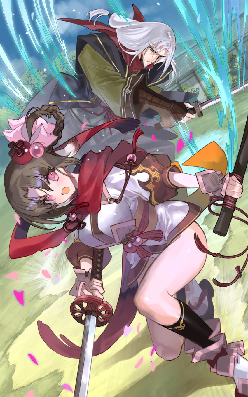 1boy, 1girl, age_difference, aged_up, ainu_clothes, animal_ears, aquaplus, artist_request, beard, blue_sky, braid, breasts, brown_eyes, brown_hair, cloud, cloudy_sky, dress, facial_hair, family, fugito, full_body, gauntlets, hair_ornament, highres, holding, holding_sheath, holding_sword, holding_weapon, inui_(utawarerumono), katana, large_breasts, long_hair, looking_at_viewer, official_art, open_mouth, outdoors, parted_bangs, petals, pink_eyes, red_scarf, sash, scarf, sheath, sidelocks, sky, socks, squatting, sword, thighs, ukon_(utawarerumono), unsheathed, utawarerumono, utawarerumono:_itsuwari_no_kamen, utawarerumono:_lost_flag, weapon, white_hair, wide_sleeves