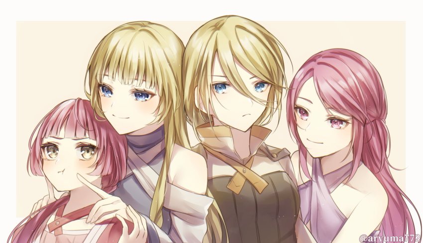 4girls, :t, alternate_hair_color, annoyed, aryuma772, bare_shoulders, blonde_hair, blue_eyes