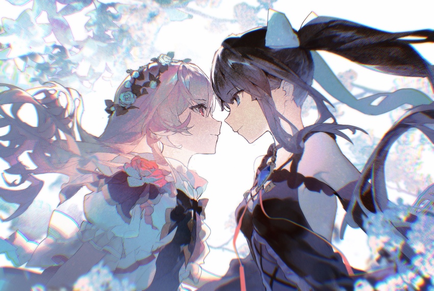 2girls, arcaea, black_bow, black_hair, blue_eyes, bow, braid, flower, frilled_shirt, frills, hair_flower, hair_ornament, hair_ribbon, highres, hikari_(arcaea), hikari_(reunion)_(arcaea), lobelia_(saclia), long_hair, looking_at_another, multiple_girls, pink_hair, red_eyes, ribbon, shirt, tairitsu_(arcaea), tairitsu_(reunion)_(arcaea), white_flower, white_ribbon