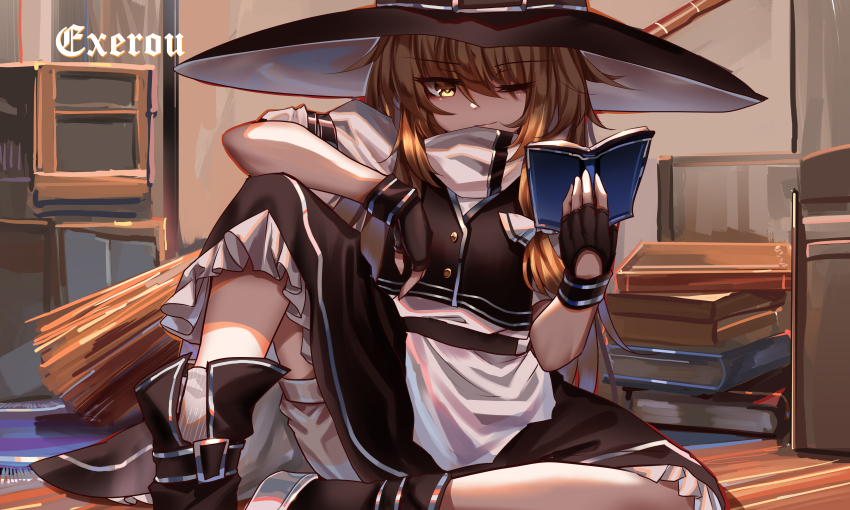 1girl, absurdres, apron, black_boots, black_hat, black_skirt, black_vest, blonde_hair