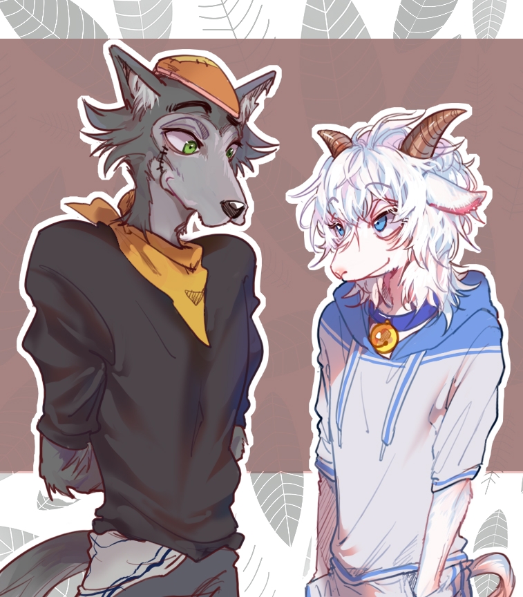 2boys, arms_behind_back, beastars, bell, blue_eyes, closed_mouth, drawstring, eye_contact