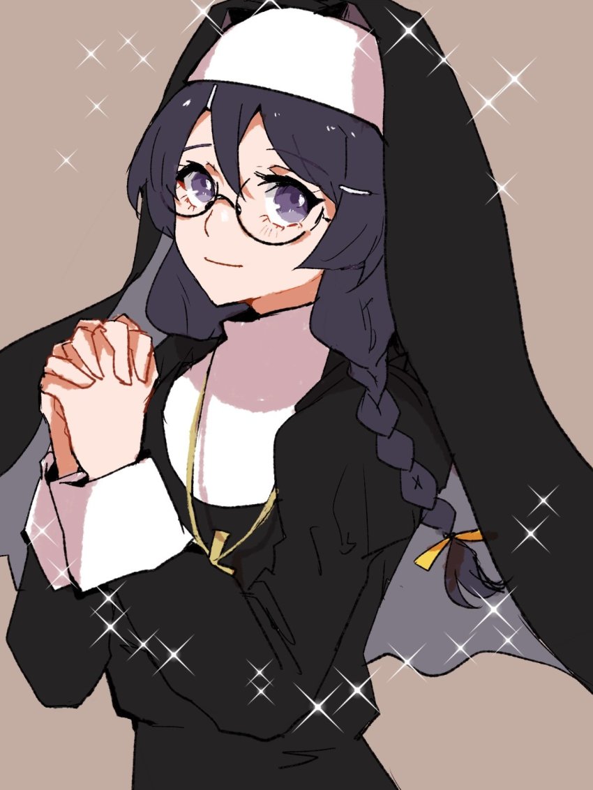 1girl, black_hair, braid, brown_background, cross, cross_necklace, crucifix, glasses