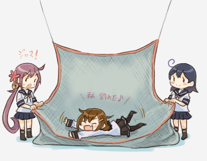 3girls, ahoge, akebono_(kancolle), bell, black_hair, black_pantyhose, black_sailor_collar, black_skirt, brown_hair, commentary_request, flower, hair_bell, hair_flower, hair_ornament, ikazuchi_(kancolle), jingle_bell, kantai_collection, long_hair, mosquito_net, multiple_girls, pantyhose, pleated_skirt, purple_hair, saiguchi_otoufu, sailor_collar, school_uniform, serafuku, short_hair, short_sleeves, side_ponytail, skirt, smile, ushio_(kancolle), very_long_hair
