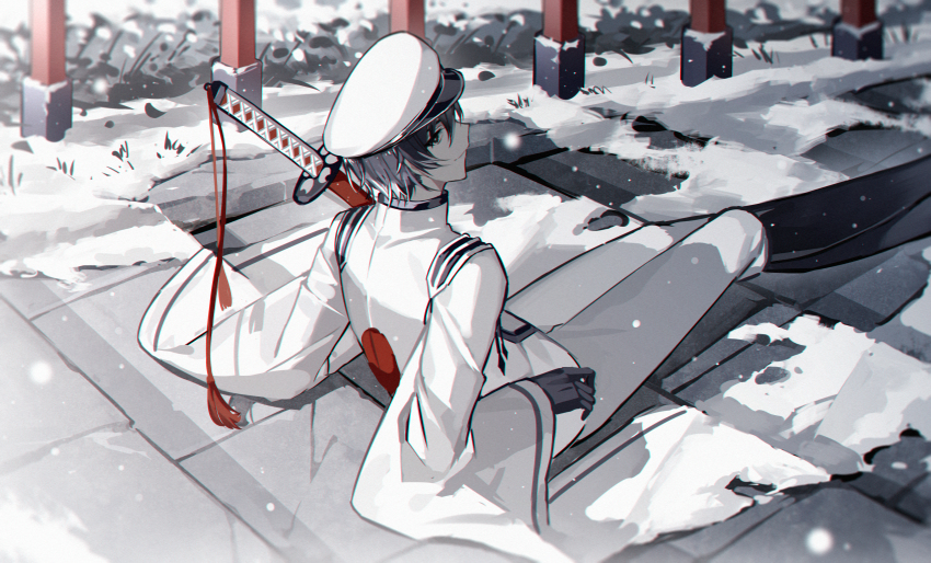 1boy, absurdres, alternate_costume, alternate_hair_color, black_gloves, black_hair, from_behind, gloves