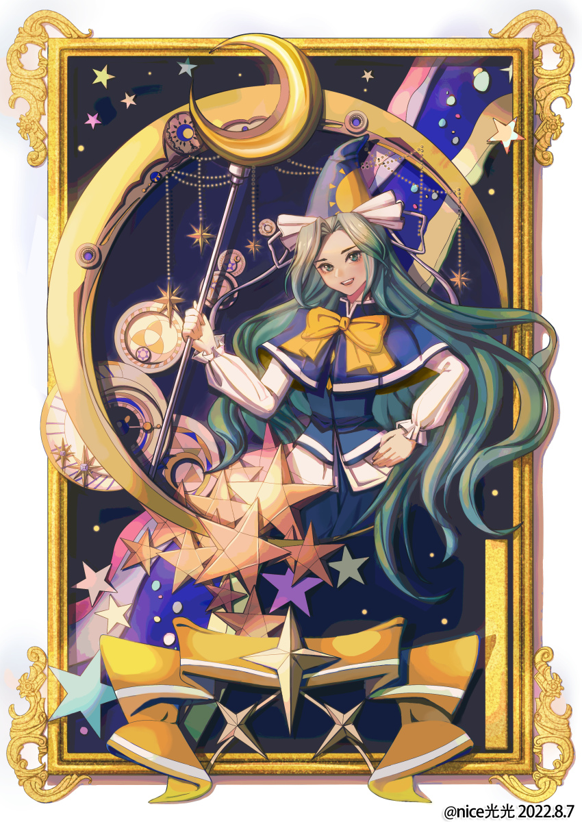 1girl, :d, absurdres, blue_capelet, blue_dress, blue_hat, bow, bowtie, buttons, capelet, crescent, dated, diamond_button, dress, framed, frilled_sleeves, frills, full_body, green_eyes, green_hair, hat, highres, holding, holding_staff, long_hair, long_sleeves, looking_at_viewer, mima_(touhou), niceguangguang, open_mouth, parted_bangs, smile, solo, staff, star_(symbol), teeth, touhou, touhou_(pc-98), upper_teeth_only, very_long_hair, watermark, weibo_watermark, wizard_hat, yellow_bow, yellow_bowtie