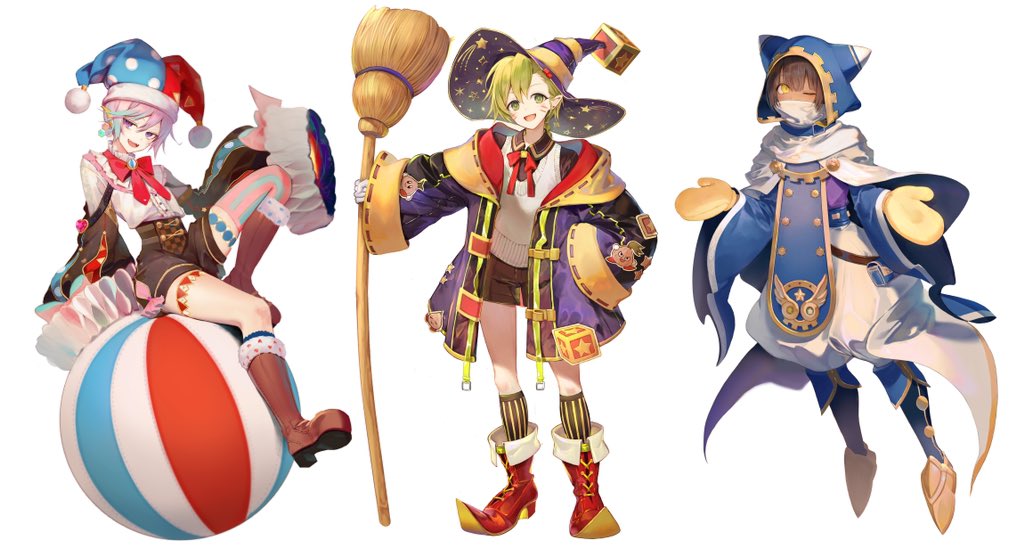 3boys, ball, blue_coat, blue_hair, blue_headwear, boots, broom, brown_footwear