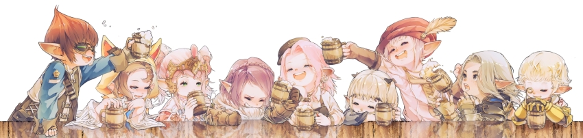 3boys, 6+girls, ^_^, alcohol, animal_hood, arm_rest, armor, beer