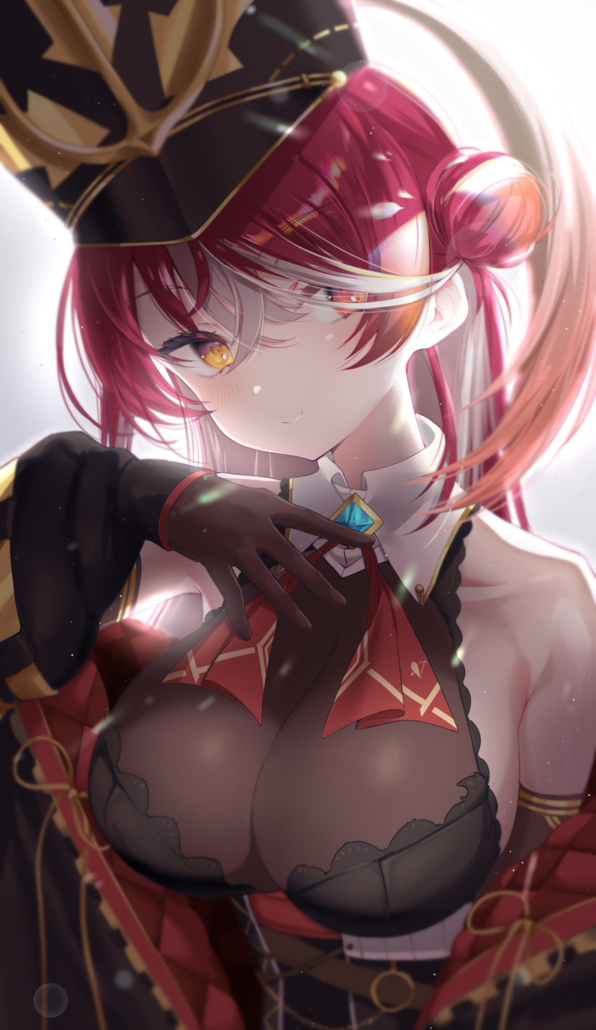1girl, a01macaron, absurdres, bare_shoulders, blurry, breasts, brooch, cleavage