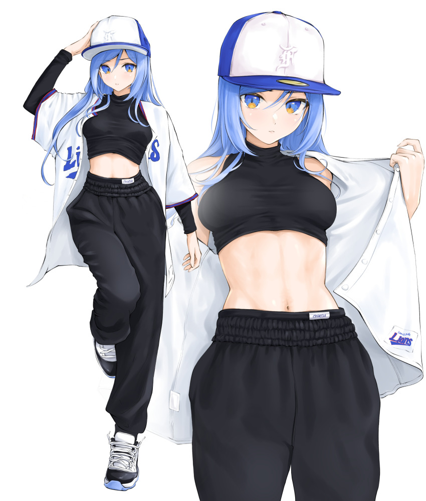 1girl, air_jordan, air_jordan_11, baseball_cap, black_pants, black_shirt, blue_eyes, blue_hair, chaesu, cowboy_shot, crop_top, hat, highres, long_hair, looking_at_viewer, midriff, bae_minah_(chaesu), multiple_views, navel, open_clothes, open_shirt, original, pants, shirt, shoes, sneakers, standing, stomach, white_shirt