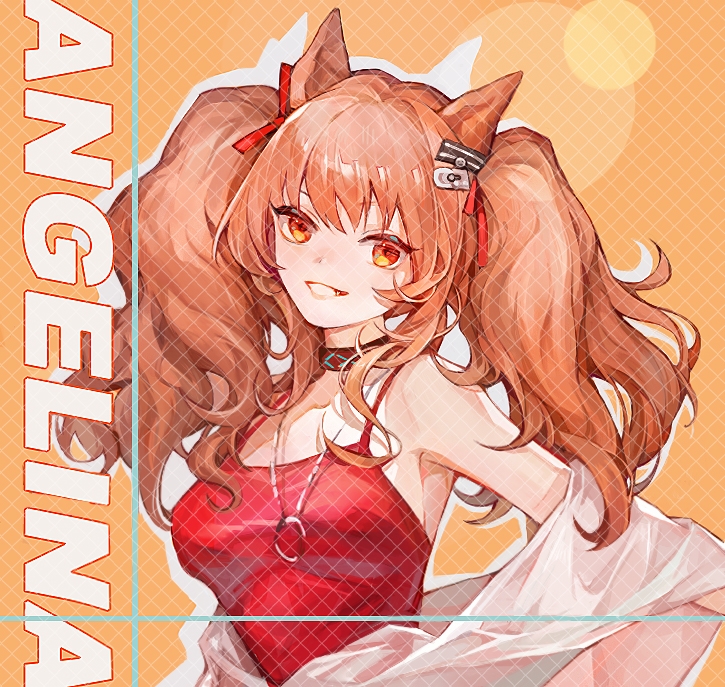 1girl, :d, angelina_(arknights), angelina_(summer_flower)_(arknights), animal_ears, arknights, bare_shoulders, breasts, brown_hair, casual_one-piece_swimsuit, character_name, collar, collarbone, fox_ears, hair_ribbon, infection_monitor_(arknights), jewelry, long_hair, looking_at_viewer, medium_breasts, necklace, non_porn, off_shoulder, official_alternate_costume, one-piece_swimsuit, open_mouth, orange_background, parted_lips, red_eyes, red_ribbon, red_one-piece_swimsuit, ribbon, simple_background, smile, solo, swimsuit, swimsuit_cover-up, tujichazha, twintails, upper_body