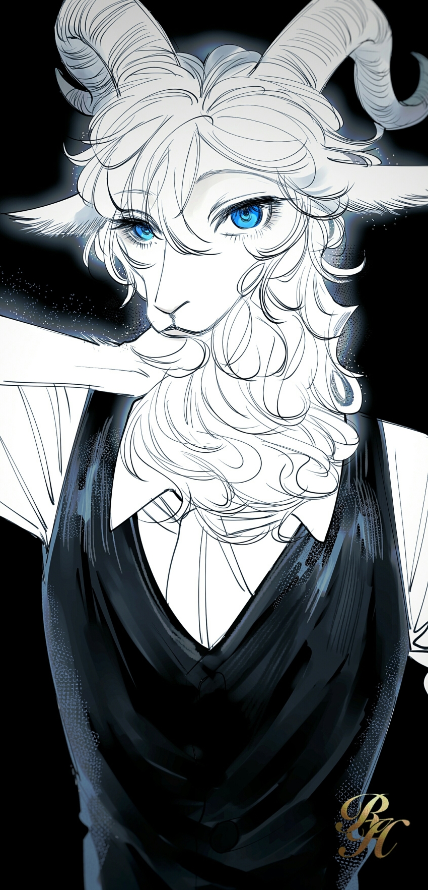 1boy, absurdres, arm_behind_head, beastars, black_background, black_vest, blue_eyes, eyelashes, furry, furry_male, glowing, hair_between_eyes, hand_on_own_neck, highres, horns, light_particles, looking_at_viewer, male_focus, pina_(beastars), school_uniform, sheep_boy, shirt, simple_background, solo, songyeerhu, upper_body, vest, white_shirt