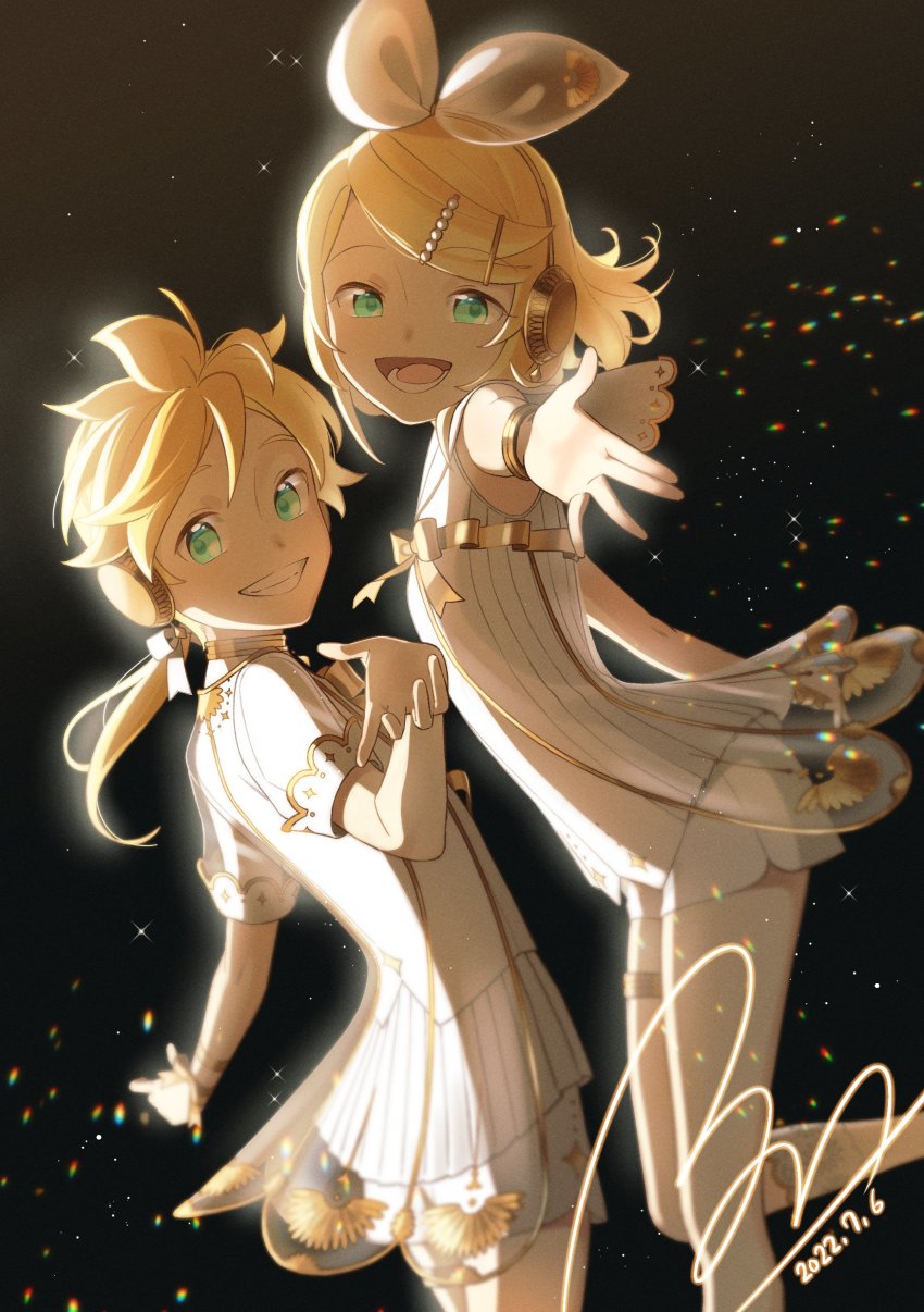 1boy, 1girl, absurdres, asymmetrical_legwear, ballerina, blonde_hair, bon_bon_eee, bow