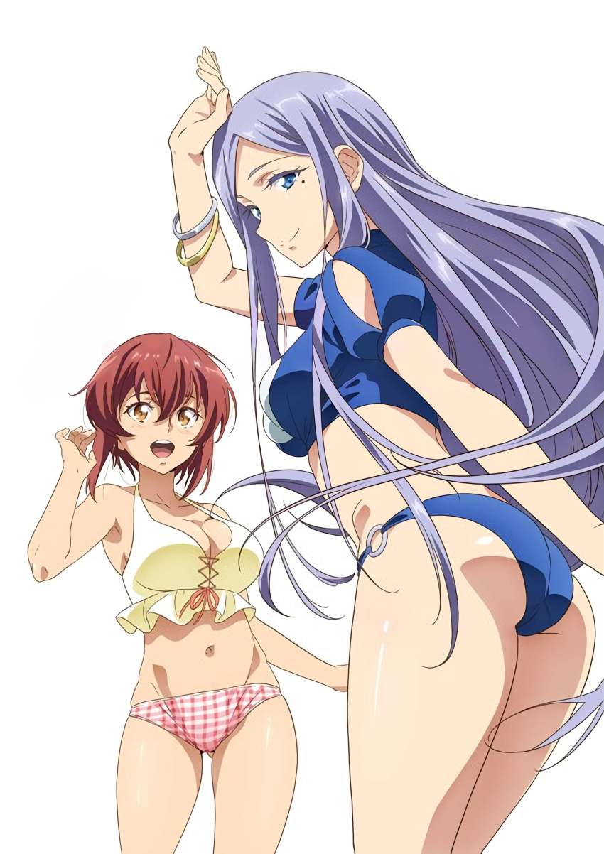 1girl, 2girls, 86_-eightysix-, absurdres, anju_emma, armpits, bikini, blue_eyes, blue_one-piece_swimsuit, bracelet, breasts, brown_eyes, grey_hair, highres, jewelry, kurena_kukumila, large_breasts, long_hair, mole, mole_under_eye, multiple_girls, navel, official_art, one-piece_swimsuit, open_mouth, red_hair, short_hair, smile, swimsuit, thighs, white_one-piece_swimsuit