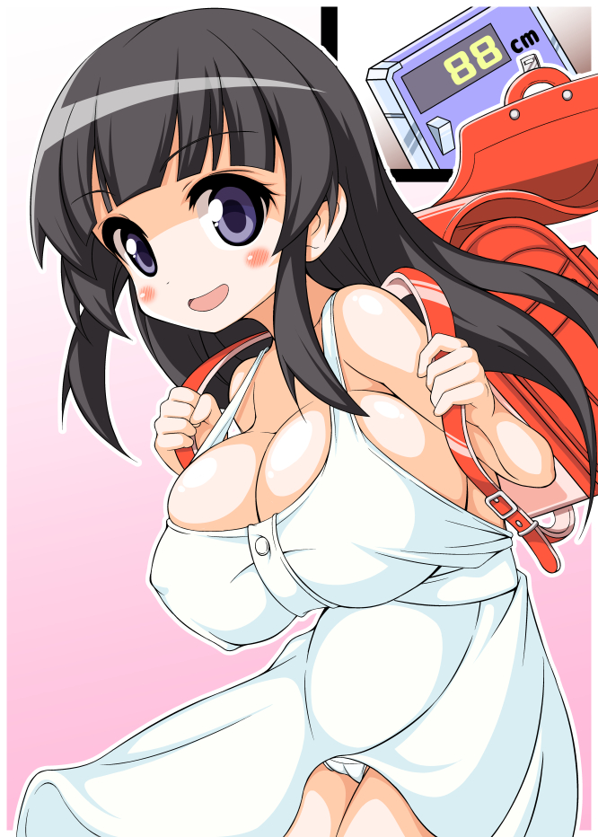 backpack, bag, black_hair, blush_stickers, breasts, buttons, cleavage, dress