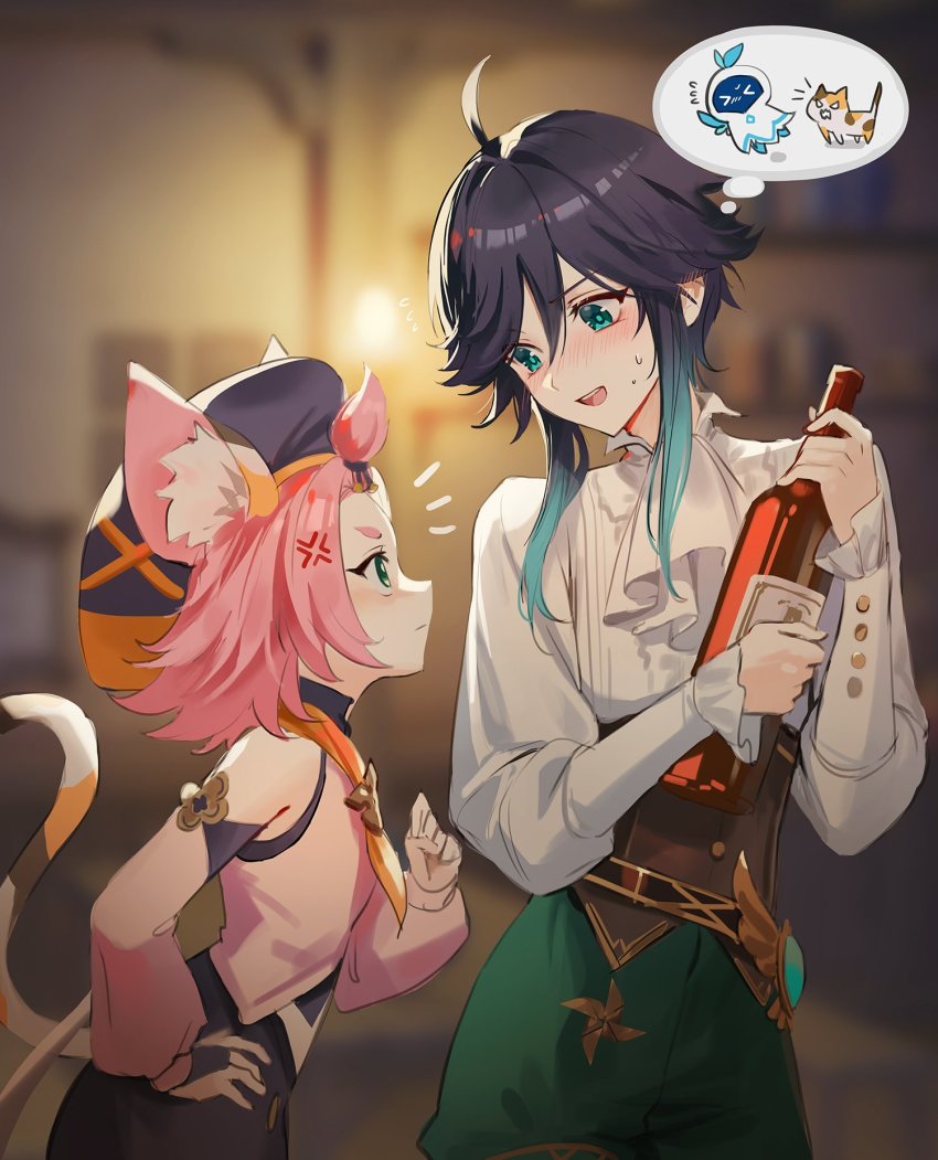 0jae, 1boy, 1girl, alcohol, anger_vein, angry, animal_ear_fluff, animal_ears, aqua_eyes, aqua_hair, bare_shoulders, black_hair, blue_eyes, blue_hair, blurry, blurry_background, blush, bottle, braid, newsboy_cap, cat, cat_ears, cat_girl, cat_tail, collared_shirt, diona_(genshin_impact), frilled_sleeves, frills, genshin_impact, gradient_hair, green_eyes, green_shorts, hair_between_eyes, hat, highres, holding, holding_bottle, long_hair, long_sleeves, looking_at_another, multicolored_hair, open_mouth, pink_hair, shirt, short_hair, short_hair_with_long_locks, shorts, sidelocks, smile, speech_bubble, sweatdrop, tail, thought_bubble, venti_(genshin_impact), white_shirt, wine_bottle